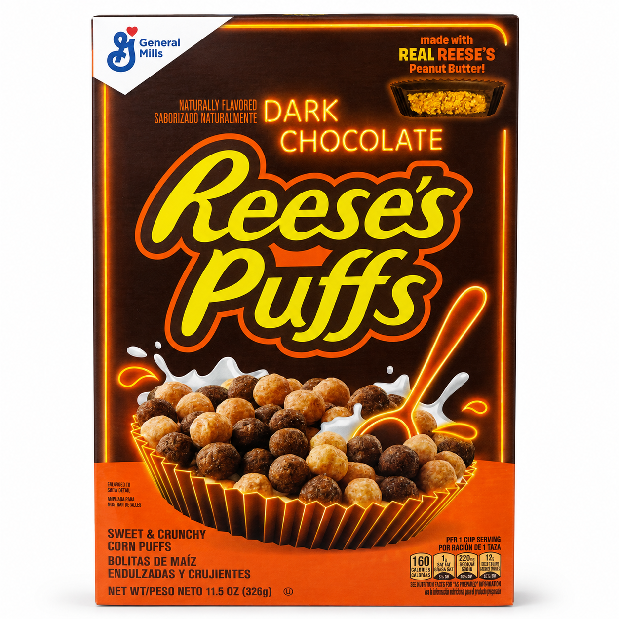 Reese's Puffs Dark Chocolate Cereal 326g on white background