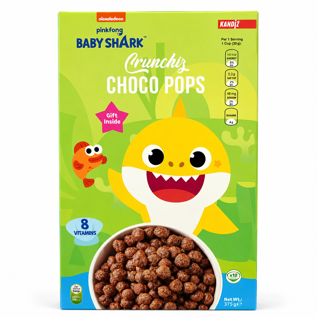 Baby Shark Crunchy Choco Pops Cereal 375g on white background