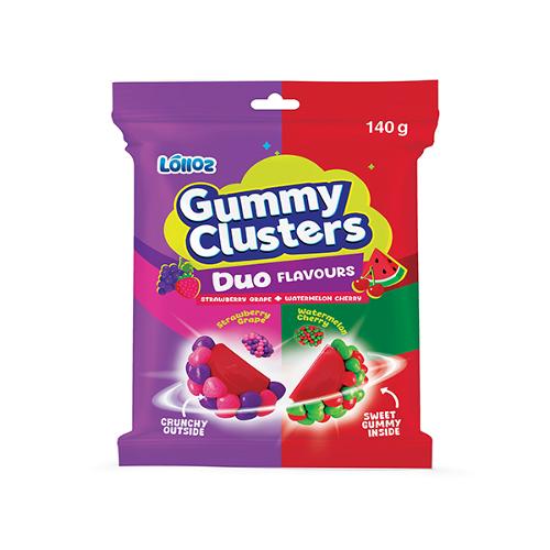 Lolloz Gummy Clusters Duo Strawberry Grape and Watermelon Cherry 140g