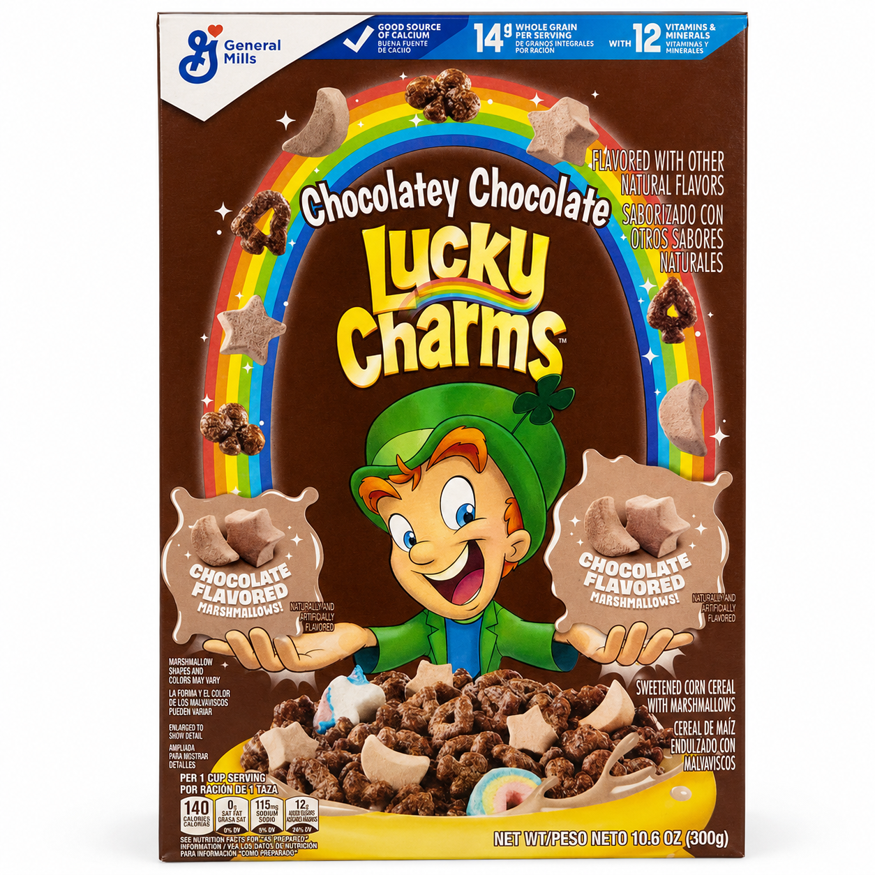 Lucky Charms Chocolatey Chocolate Cereal 300g on white background