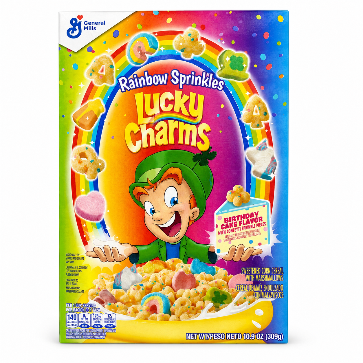 Lucky Charms Rainbow Sprinkles Cereal 309g on white background