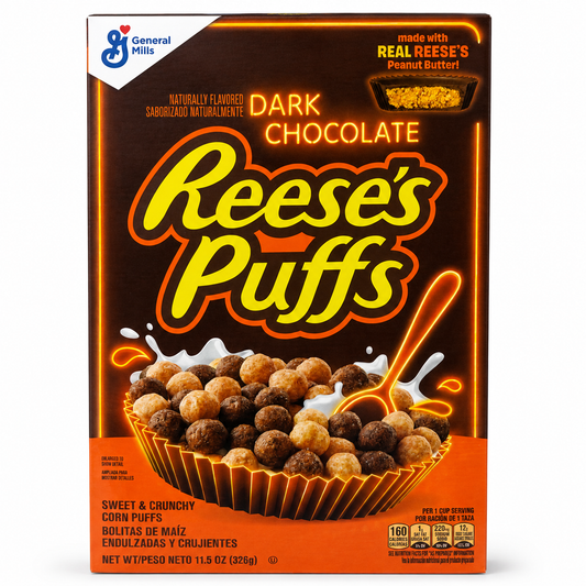 Reese's Puffs Dark Chocolate Cereal 326g on white background